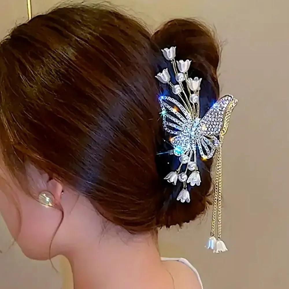Gold Rhinestone Butterfly Hair Claw Tassel Flower Hair Accessory